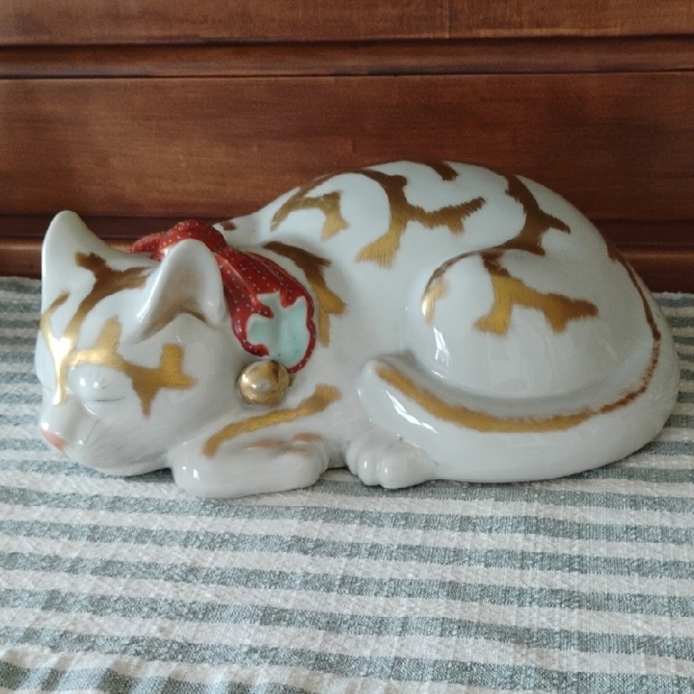 Ceramic Cat Figurine with Gold Accents
